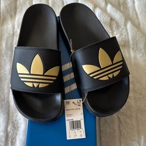Adidas Black and Gold Adilette Slides